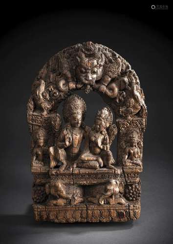 A WOOD STELE OF INDRA AND INDRANI