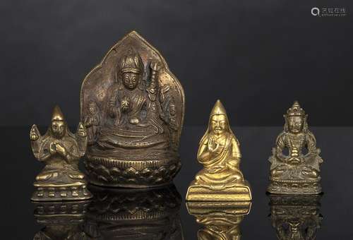 A GROUP OF THREE MINIATURE BRONZES WITH THREE LAMA AND AMITA...