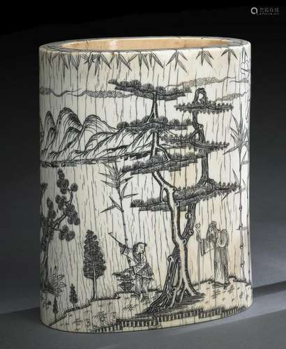 AN IVORY FIGURES AND DEER BETWEEN TREES BRUSHPOT