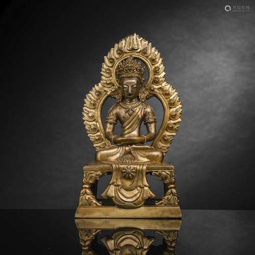 A GILT-BRONZE FIGURE OF SEATED AMITAYUS ON A THRONE