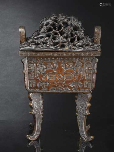 AN ENGRAVED BRONZE CENSER 'FANG DING' AND FINE CAR...