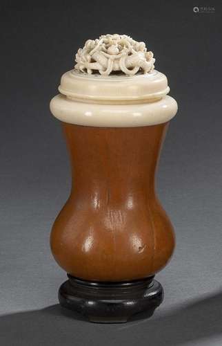 A GOOD GOURD CRICKET CAGE WITH CARVED IVORY COVER AND WOOD S...