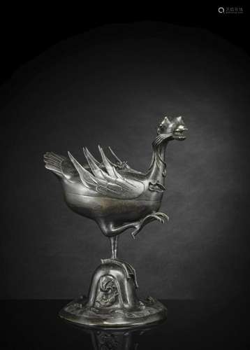 A TWO-PART DUCK-SHAPED BRONZE CENSER