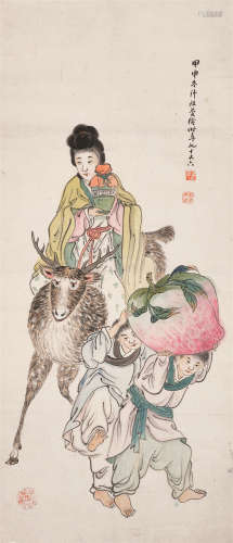 1884-1943 许祖庆 献寿图 设色纸本 镜片