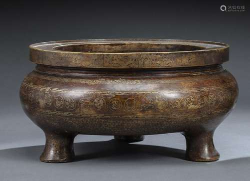 A LARGE AND HEAVY CAST BRONZE CENSER WITH ZODIAC PANELS