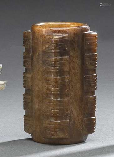 A GOOD BROWN-BEIGE-GREEN CARVED JADE CONG IN ARCHAIC STYLE