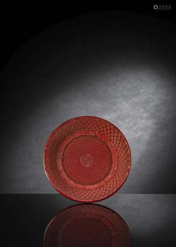 A FINE CARVED CINNABAR LACQUER DISH WITH PEACHES