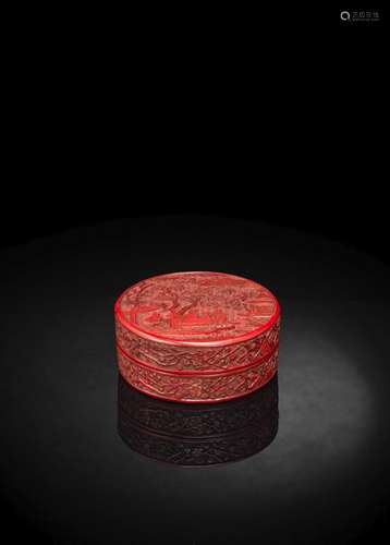 A RARE CARVED CIRCULAR CINNABAR LACQUER BOX AND COVER