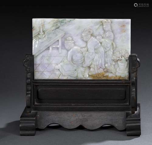 A WOODEN TABLE SCREEN WITH A WELL CARVED JADEITE PANEL