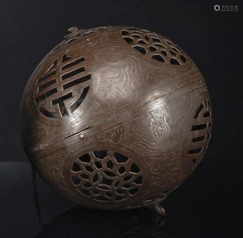 An incense burner in the form of a ball with copper gimbal s...