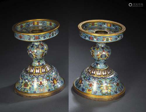 A PAIR OF LOTUS PART-GILT CLOISONNÉ ENAMEL CANDLE HOLDERS