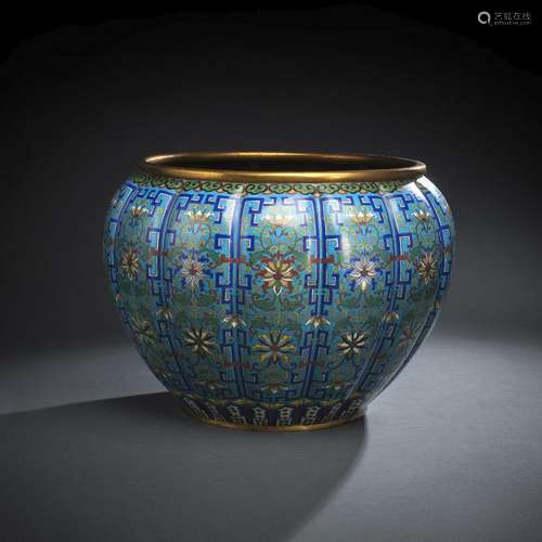 A LARGE CLOISONNÉ ENAMEL BLOSSOM-SHAPED CACHEPOT WITH LOTUS