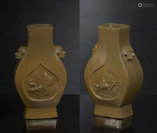 A PAIR OF MUSTARD-GREEN GLAZED MOLDED PORCELAIN VASES