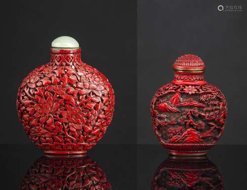 TWO CARVED CINNABAR LACQUER SNUFFBOTTLES