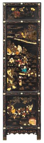 A FOUR-PANEL LACQUER AND MOTHER OF PEARL INLAID PLAYING BOYS...