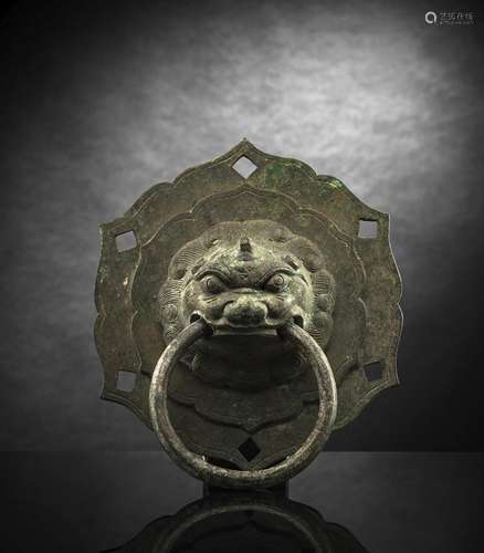 A LARGE AND HEAVY-CAST BRONZE DOOR KNOKER WITH MASKARON AND ...