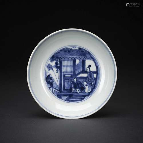 A BLUE AND WHITE SAUCER WITH A FIGURAL SCENE