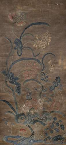 A SILK EMBROIDERY PANEL DEPICTING LOTUS POD, FLOWERS, LEAVES...