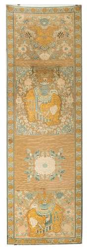 A SILK EMBROIDERY WITH BUDDHIST EMBLEMS AND EEFANTS