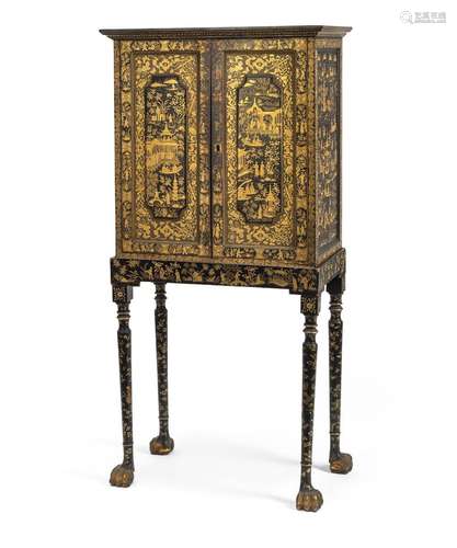 A FINE LACQUER CABINET ON A HIGH FOUR-FEET STAND DECORATED W...