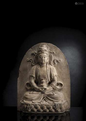 AN UNUSUAL UNGLAZED POTTERY FIGURE OF BUDDHA SEATED ON A LOT...