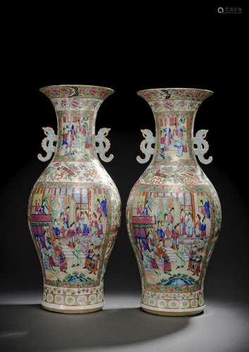 A LARGE PAIR OF CANTON PORCELAIN VASES WITH FIGURAL SCENES A...