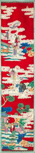 A HANGING SCROLL WITH A SILK KESI WITH MYTHOLOGICAL SCENES P...