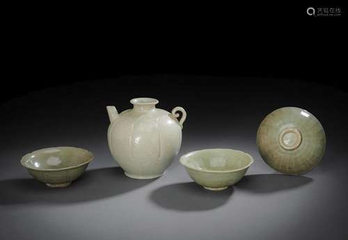 A EWER AND THREE BOWLS WITH SELADON GLAZES