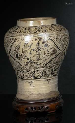 A CIZHOU JAR WITH TIGER AND FIGURES WITH WOOD STAND