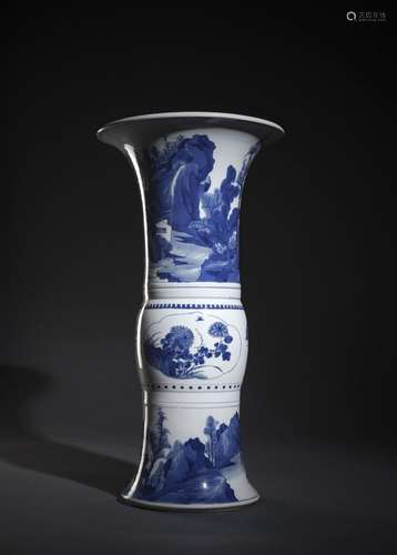 A GOOD BLUE AND WHITE GU-SHAPED VASE WITH A SEA LANDSCAPE, F...