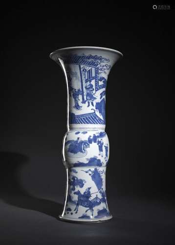 A WELL PAINTED BLUE AND WHITE GU-SHAPED PORCELAIN VASE WITH ...