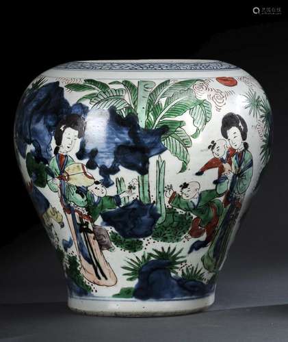 A WUCAI JAR WITH PLAYING CHILDREN AND LADIES IN A GARDEN LAN...