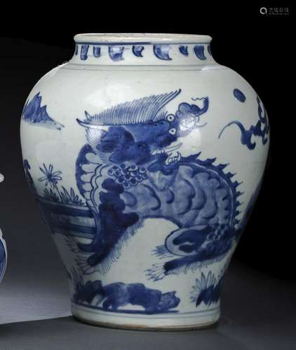 A BLUE AND WHITE KIRIN PORCELAIN JAR