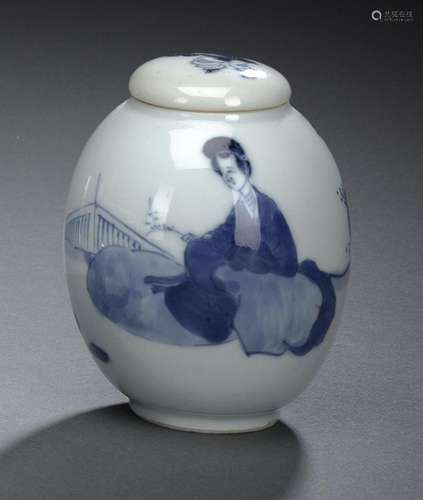 AN OVOID BLUE AND WHITE DECORATED VASE AND COVER