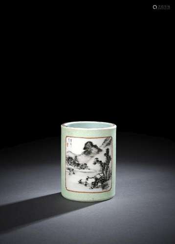 A PORCELAIN BRUSHPOT WITH GRISAILLE LANDSCAPES