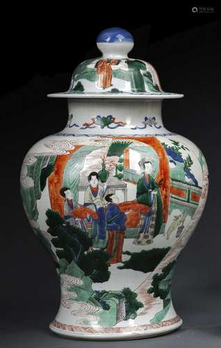 A FIGURAL SCENES 'WUCAI' PORCELAIN VASE AND COVER