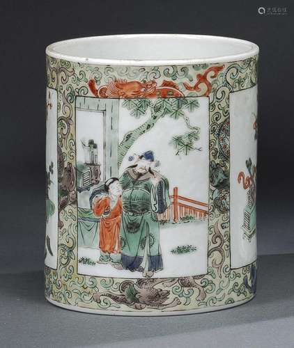 A FAMILLE VERTE PORCELAIN BRUSHPOT AND A BISCUIT SHOU-CHARAC...