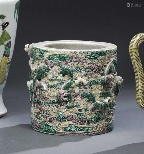 A SAMCAI-GLAZED BISCUIT PORCELAIN PIERCED BRUSHPOT WITH PLAY...