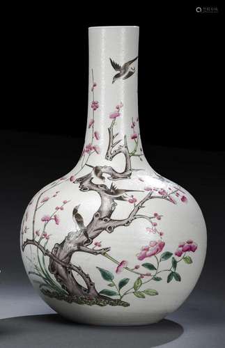 A LIGHT-GREEN-GROUND MAGPIES AND PRUNUS BOTTLE VASE