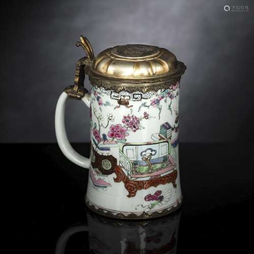 A GOOD FAMILLE ROSE JUG WITH A GERMAN ORMOLU MOUNTING WITH A...