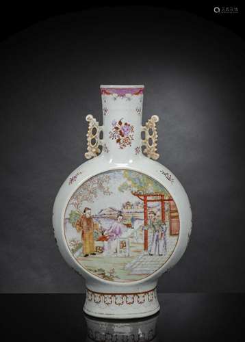 A 'FAMILLE ROSE' FIGURES AND CREST MOON FLASK