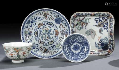 A GROUP OF FOUR PORCELAIN WITH TWO DOUCAI BOWLS