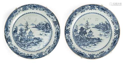 A PAIR OF VERY LARGE UNDERGLAZE-BLUE EXPORT PORCELAIN PLATES