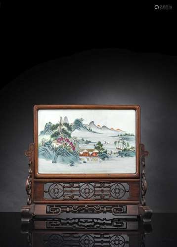 A FAMILLE ROSE LANDSCAPE PORCELAIN PANEL MOUNTED AS TABLE SC...