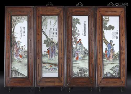 FOUR FRAMED PORCELAIN PANELS BY LING YUN (1883 - 1957)