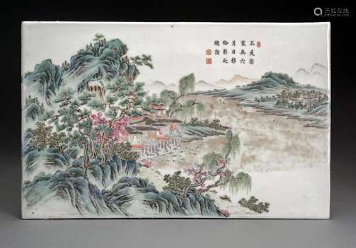 A FINE PAINTED FAMILLE ROSE LANDSCAPE PORCELAIN PANEL WITH P...