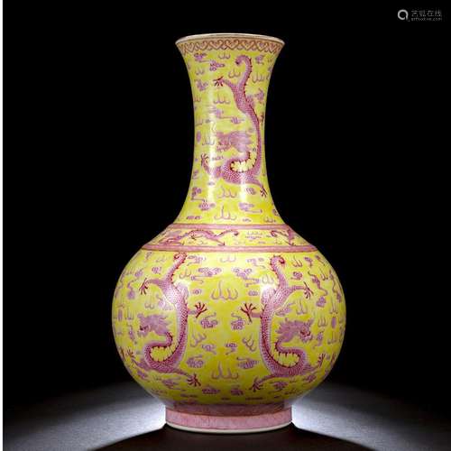 A YELLOW-GROUND PUCE DRAGON PORCELAIN BOTTLE VASE