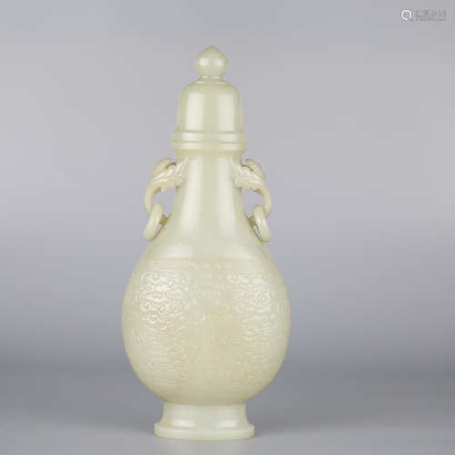 Chinese white jade carving Binaural bottle