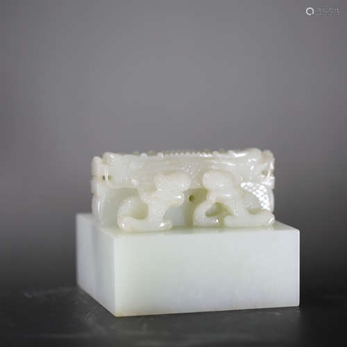 China Hotan White Jade Dragon Seal , Qianlong