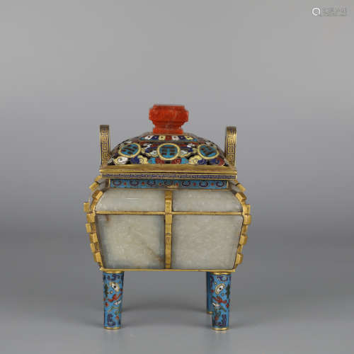 Chinese cloisonne inlaid white jade incense burner,Qianlong
